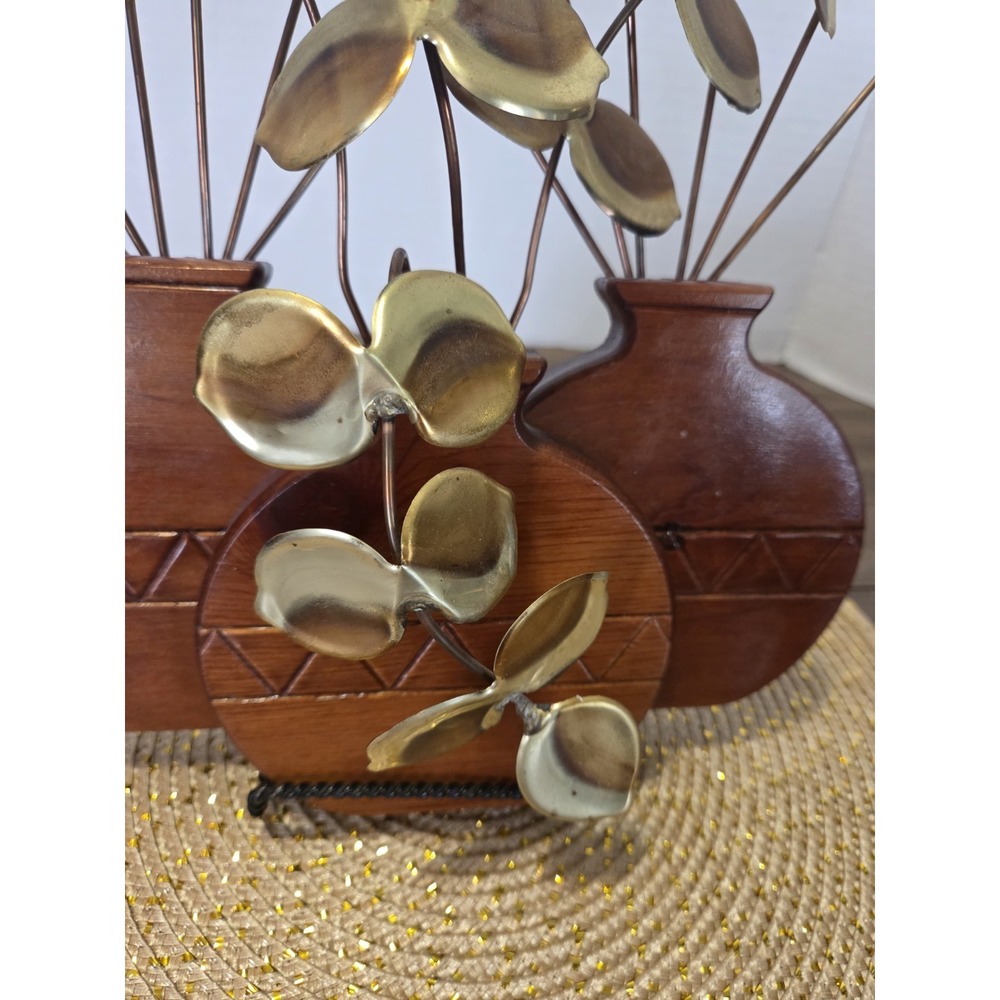 Vintage HOMCO Retro Brass Eucalyptus Leaves Sculpture Hopi Wood Planter - Picture 2 of 9